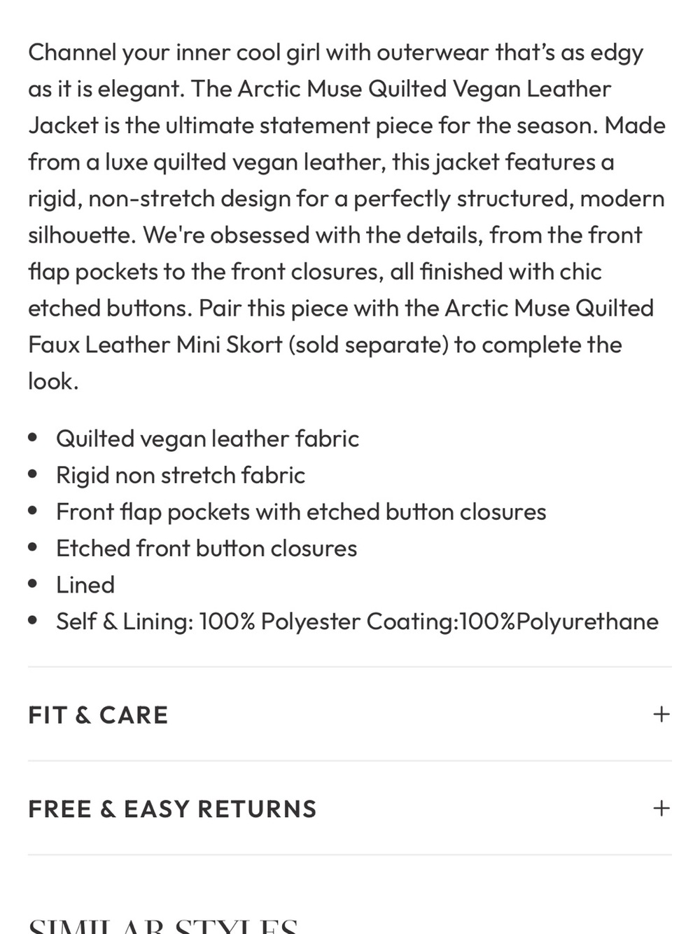 NWT Arctic Muse Quilted Vegan Leather
Jacket and Skort set, Brand New! - Picture 9 of 9